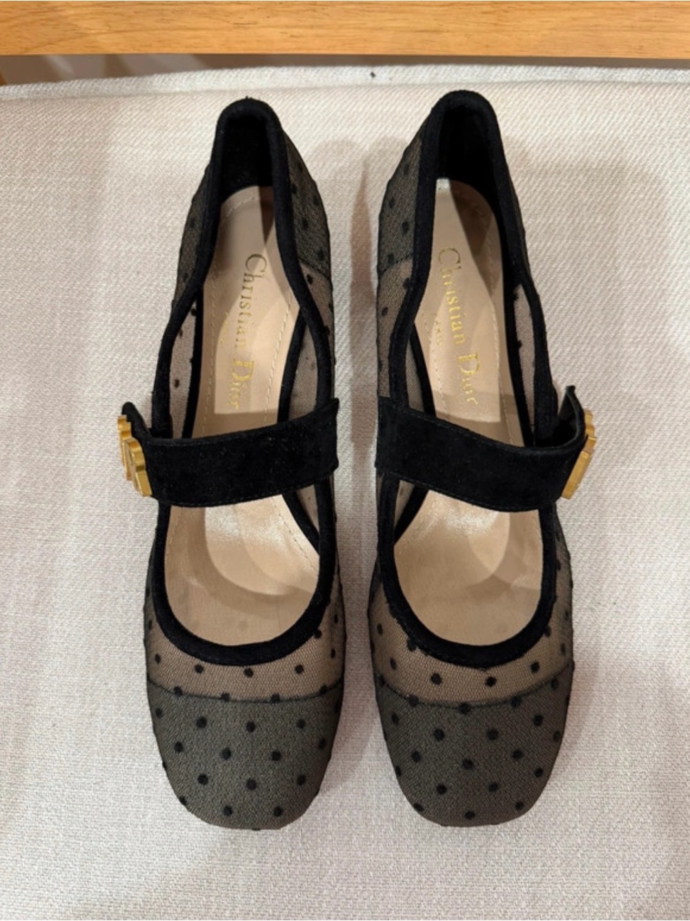 Dior Black Polka Dot Mesh Mary Jane Pumps with Gold Buckle Accent